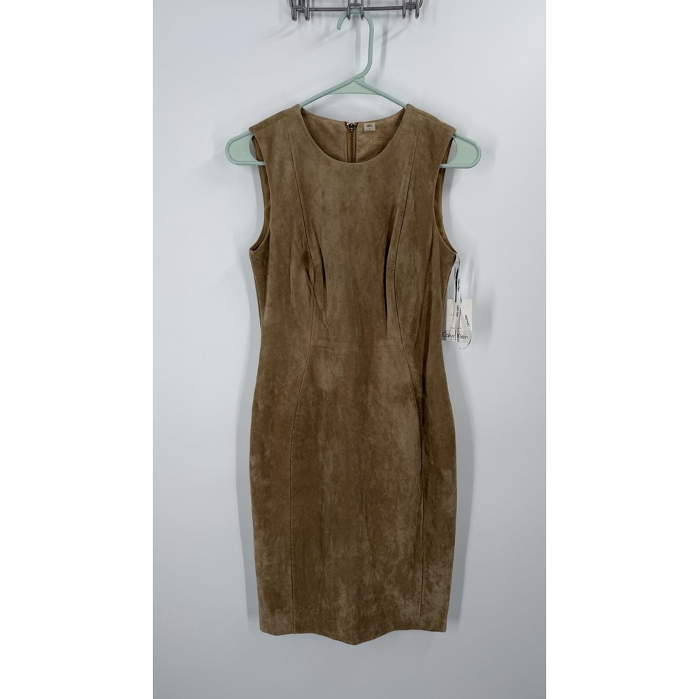 Calvin Klein Shift Dress Women 4 Tan Faux Suede Sleeveless Zip Back NWT